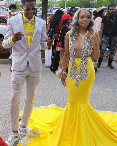 Yellow Mermaid Prom Dresses for African Women Silver Appliques Birthday Party Dress Evening Formal Dress