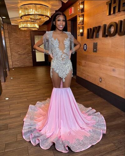 Pink Mermaid Prom Dresses for African Women Beading Crsytals Birthday Party Dress Evening Formal Dress