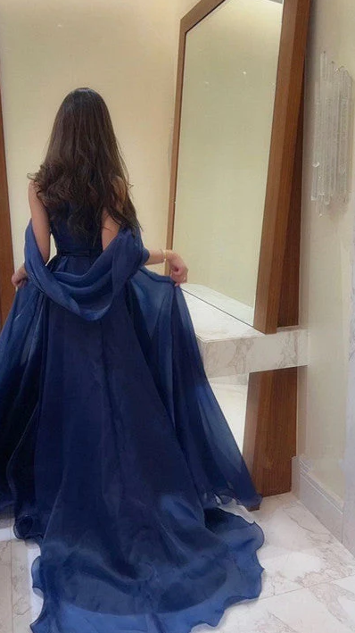 Strapless Royal Blue A Line Long Prom Dress With Straps