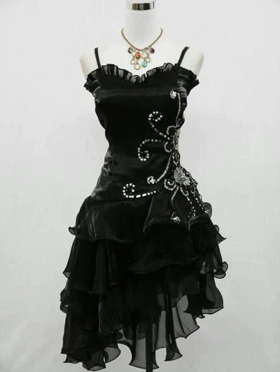 Vintage Charming Black Straps Ruffle Short Prom Dresses