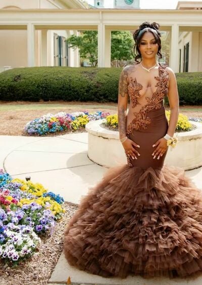 Brown Mermaid Prom Dresses for African Women Lace Appliques Birthday Party Dress Evening Formal Dress