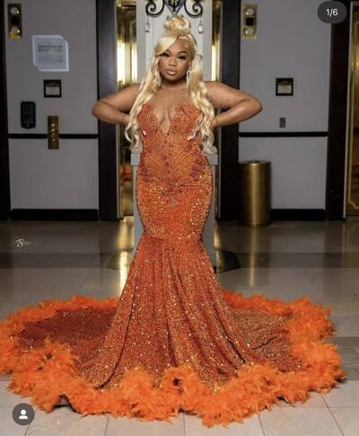 Orange Mermaid Prom Dresses for African Women Beading Crsytals Sequins Birthday Party Dress Evening Formal Dress