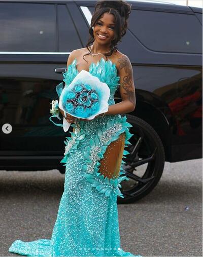 Blue Mermaid Prom Dresses for African Women Beading Crystals Sequins Birthday Party Dress Evening Formal Dress