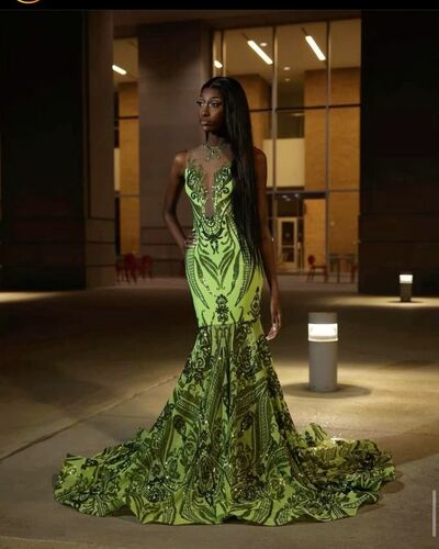 Green Mermaid Prom Dresses for African Women Sequins Lace Birthday Party Dress Evening Formal Dress