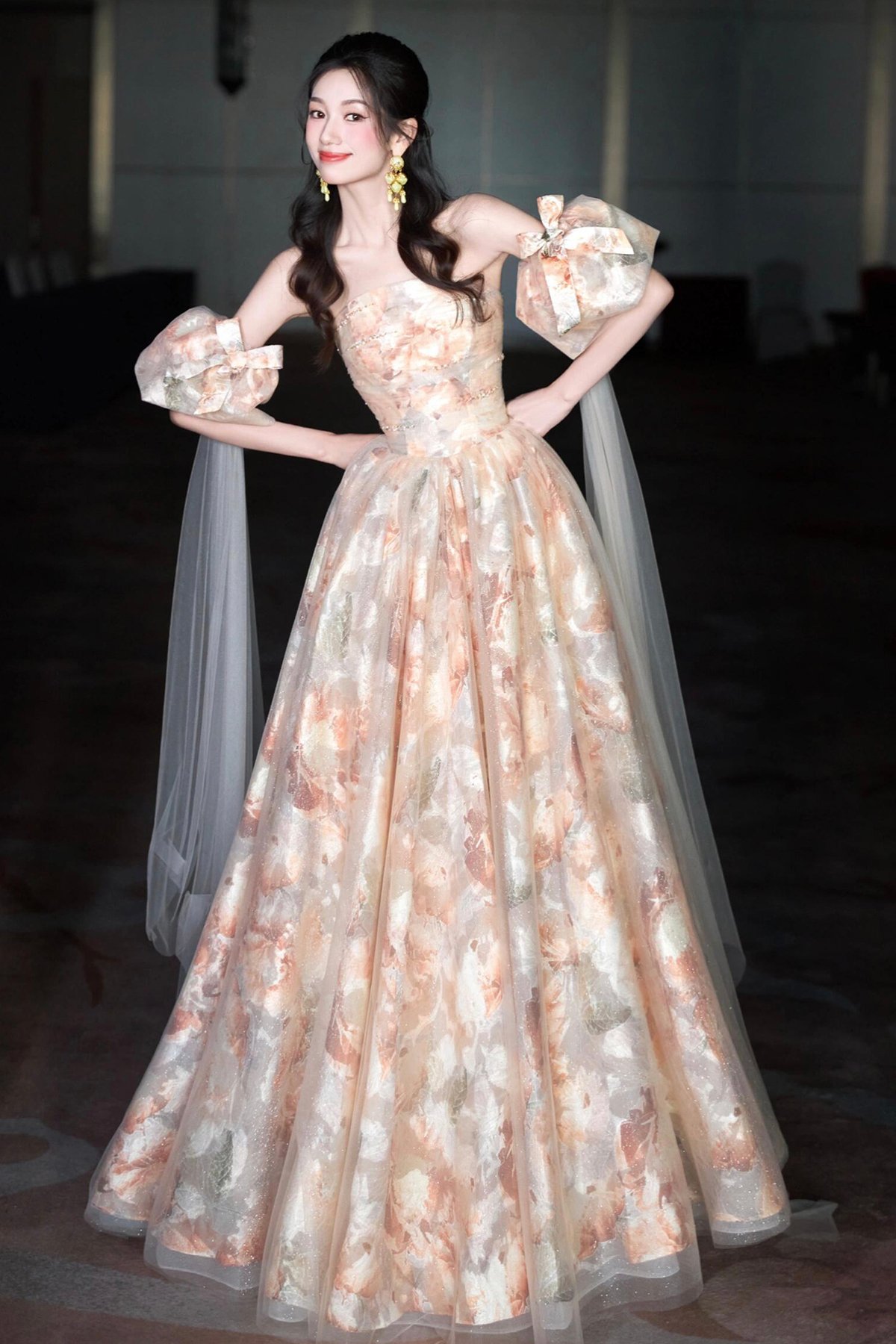 Champagne Tulle Floral Long A-Line Prom Party Dress