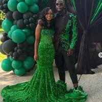 Green Mermaid Prom Dresses for African Women Sequins Lace Birthday Party Dress Evening Formal Dress - Thumbnail 1