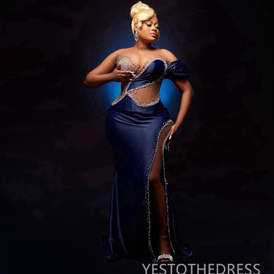 Navy Prom Dress Evening Dresses Mermaid Illusion Formal Gown Sheer Neck Side Split Beaded Birthday Dress Second Reception Gowns