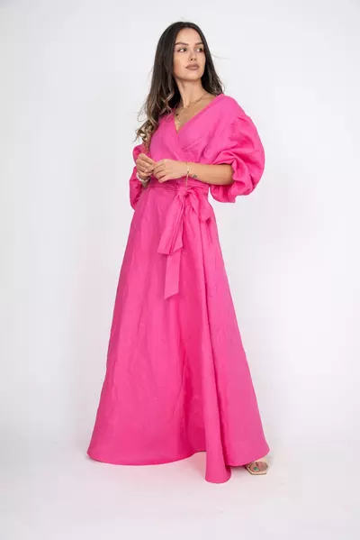 Hot Pink Wrap Maxi Dress , Puff Sleeve Belted V-Neck Summer Dress