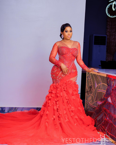 Red Prom Dress Mermaid Promdress Illusion Sheer Neck Long Sleeves Beaded Rhinestones Flora Tiered Tulle Birthday Gown Second