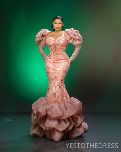 Watermelon Prom Dress Mermaid Promdress Sheer Neck Long Sleeves Beaded Lace Cap Sleeves 40th Anniversary Birthday Dress