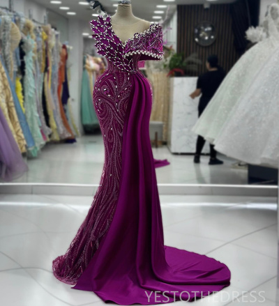 Grape Prom Dress Mermaid Prom Dresses for Special Occasions Illusion Evening Formal Dresses for Women Sheer Neck Beaded Lace