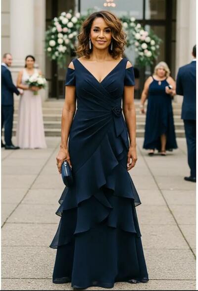 Navy Blue Sheath Chiffon Mother of Bride/Groom Dress Evening Formal Gown