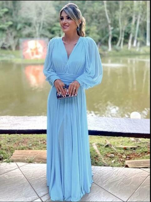 Cicinia Sky Blue Mother Of The Groom Dress Long Chiffon A-line Floor Length V-neck Beaded
