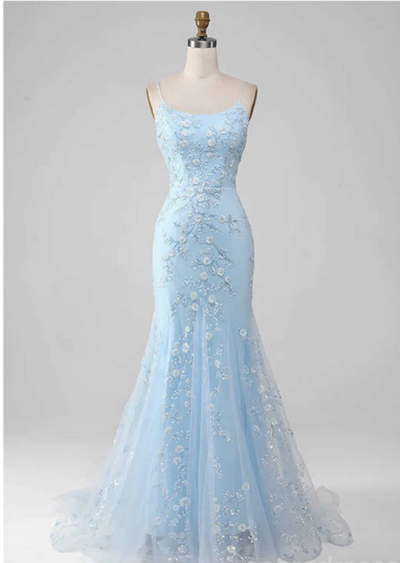 Floral Blue Mermaid Spaghetti Straps Maxi Long Party Prom Dresses,Evening Dress,1934