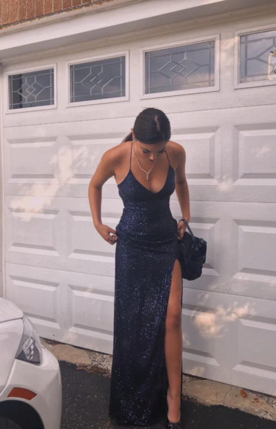Spaghetti Straps Navy Blue Sequins V-neck Long Prom Dresses