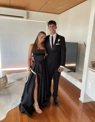 A-line Elegant Black Leg Slit Prom Dresses