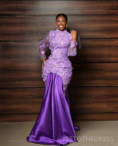 Lavender Prom Dresses for Special Occasions Mermaid Long Sleeves 3D Flowers Beaded Crystals Lace Birthday Dress Second Reception