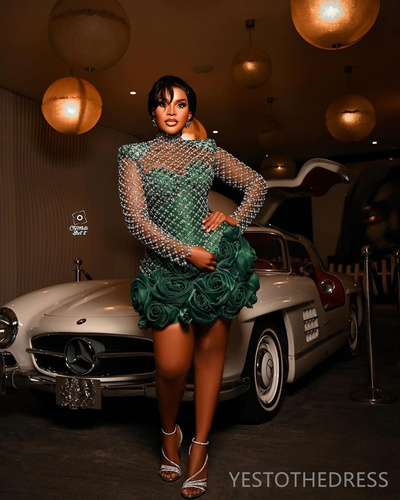 Green Cocktail Dresses For Women Short Prom Dresses Mini Dresses High Neck Long Sleeves Beaded Lace Flora Birthday Dresses