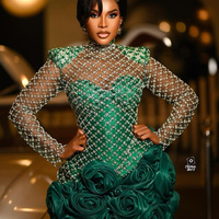 Green Cocktail Dresses For Women Short Prom Dresses Mini Dresses High Neck Long Sleeves Beaded Lace Flora Birthday Dresses - Thumbnail 1