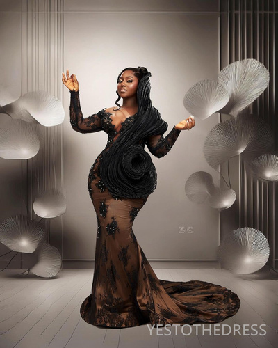 Black Mermaid Prom Dress Evening Dresses Elegant Sheer Neck Long Sleeves Beaded Lace Birthday Dress Second Reception Gowns