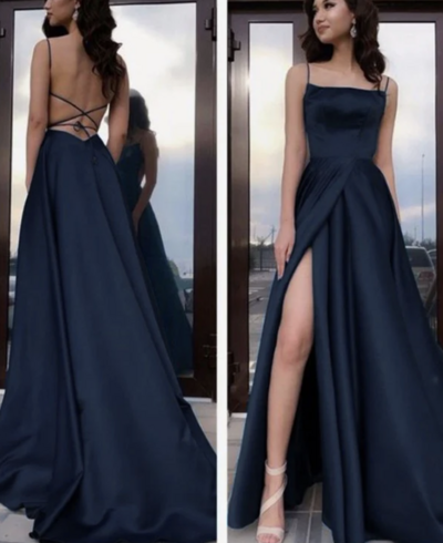 A-Line/Princess Satin Ruffles Spaghetti Straps Sleeveless Sweep/Brush Train Dresses,1940