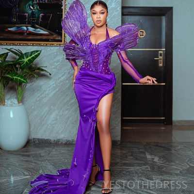 Purple Prom Dress Evening Dresses Formal Gowns For Women Halter Mermaid Beading Tassel Side Split Rhinestones Birthday Dress Second Dress