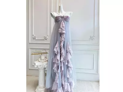 Vintage Lavender Beaded Gown with Ruffle Tulle Overlay , Handmade Boho Maxi Dress for Special Occasions