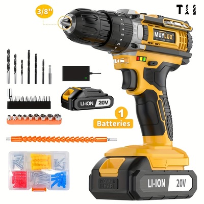 20V Cordless Drill Set with 3/8" Keyless Chuck β 2-Variable Speed, 18+3 Clutch, 45Nm Max Torque, LED Work Light, 2.0AH Rechargeable