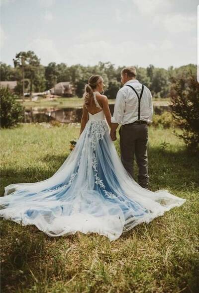 Open Back Lace Wedding Dresses Blue Tulle Wedding Gowns A Line Boho Bridal Dress with Court Train,1943