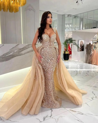 Champagne Aso Ebi Prom Dress Mermaid Prom Dresses Evening Formal Gowns Detachable Train Bead Pearls Lace Birthday Dress