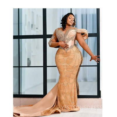 Plus Size Prom Dresses Mermaid Evening Dresses Illusion Sheer Neck Long Sleeves Appliqued Beaded Lace Birthday Dress Second Reception Dress