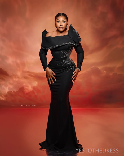 Black Prom Dress Mermaid Evening Dresses Formal Gowns Off Shoulder Beaded Long Sleeves Rhinestones Birthday Dress Second Reception Dress