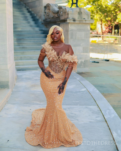 Gold Prom Dress Mermaid Promdress Flora Evening Gowns Illusion Sheer Neck Long Sleeves Beaded Lace Birthday Party Dress Second Dress