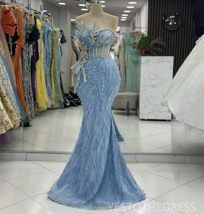Sky Blue Prom Dress Evening Dresses Elegant Illusion Mermaid Promdress Beaded Lace Rhinestones Decorated Birthday Dress Reception Dress