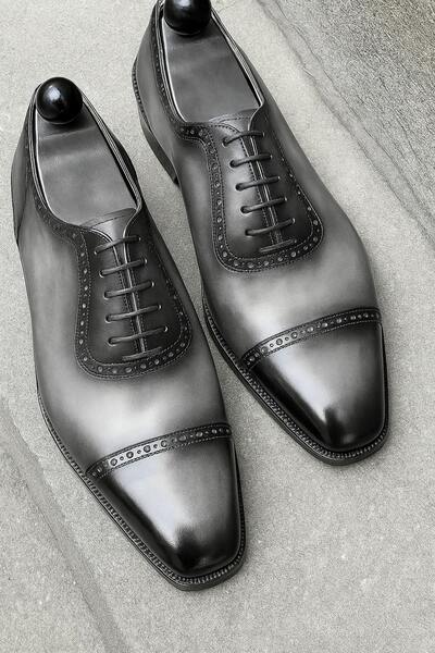 Elegant Grey Structure With Black Tone Polishing Handmade Ocford Brogue Lace Up Shoes