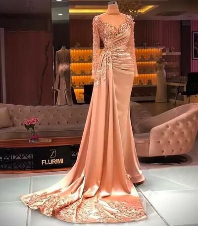 Prom Party Gown New Evening Dresses Plus Size Formal Floor-Length Custom Applique Illusion Long Sleeve High Neck Beaded Mermaid Satin Sequins