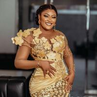 Plus Size Gold Mermaid Prom Dress Lace Florals Evening Formal Party Second Reception 50th Birthday Engagement Thanksgiving Gowns - Thumbnail 1