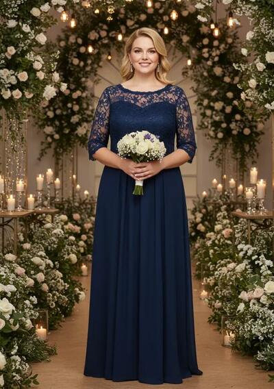 Navy Blue Sheath Half Sleeve Lace Chiffon Mother of Bride/Groom Dress Evening Formal Gown