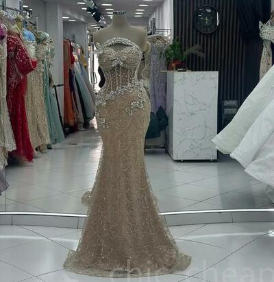 Champagne Illusion Mermaid Prom Dresses Rhinestones Lace Evening Formal Party Second Reception Birthday Gowns Dress