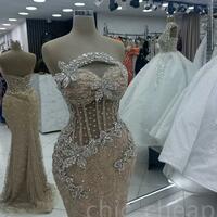 Champagne Illusion Mermaid Prom Dresses Rhinestones Lace Evening Formal Party Second Reception Birthday Gowns Dress  - Thumbnail 1