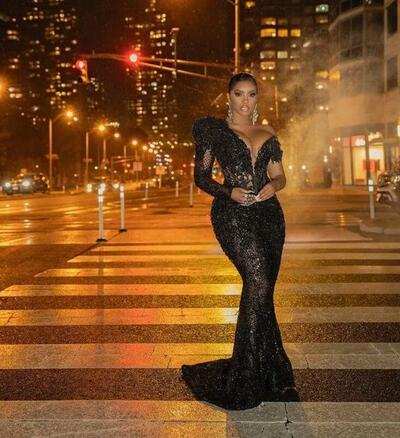 Sparkly Black Mermaid Prom Dresses Arabic African Lace Sequined Single Long Sleeve Women Plus Size Formal Evening Gowns