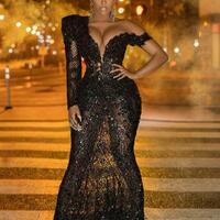 Sparkly Black Mermaid Prom Dresses Arabic African Lace Sequined Single Long Sleeve Women Plus Size Formal Evening Gowns - Thumbnail 1