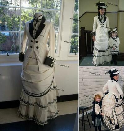 Historical Civil War Southern Evening Formal Dresses with Long Sleeve Black White Victorian lady's Edwardian Lace-up