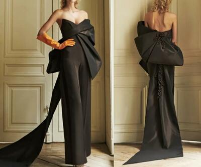 Elegant Evening Gowns Black Big Bow Strapless Prom dress Jumpsuits Backless Party Gown