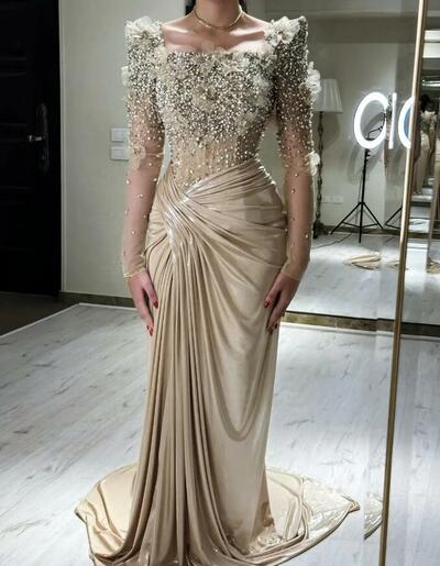 Elegant Champagne Mermaid Prom Dresses Beaded Long Sleeves Corset Evening Gowns 3D ral Appliques Ruched Formal Dress For Women