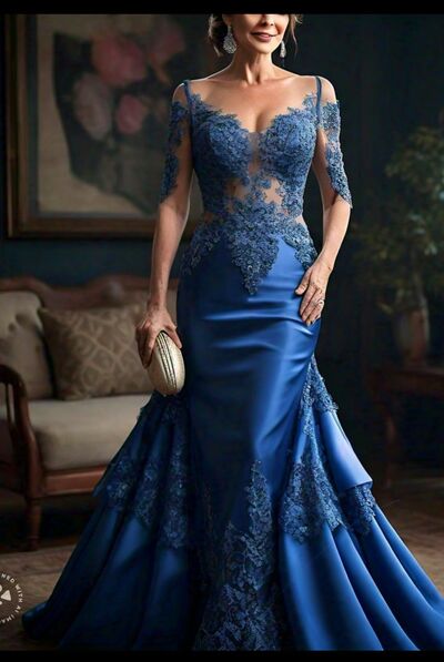 Blue Mermaid Lace Appliques Mother of Bride/Groom Dress Evening Formal Gown