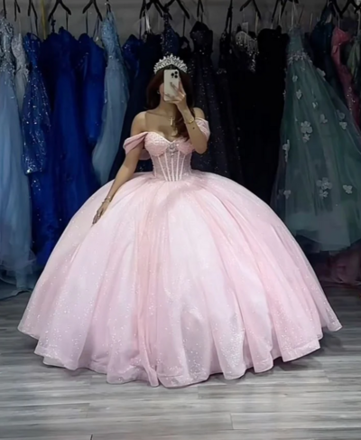 Off The Shoulder Baby Pink Tulle Prom Dress With Beading