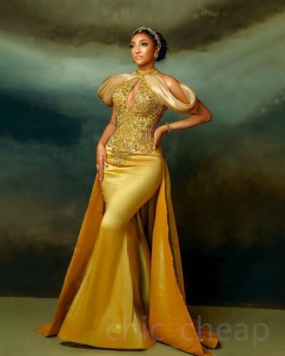 Mermaid Gold Prom Dresses Lace Beaded Crystals Evening Formal Party Second Reception Birthday Engagement Gowns Dress