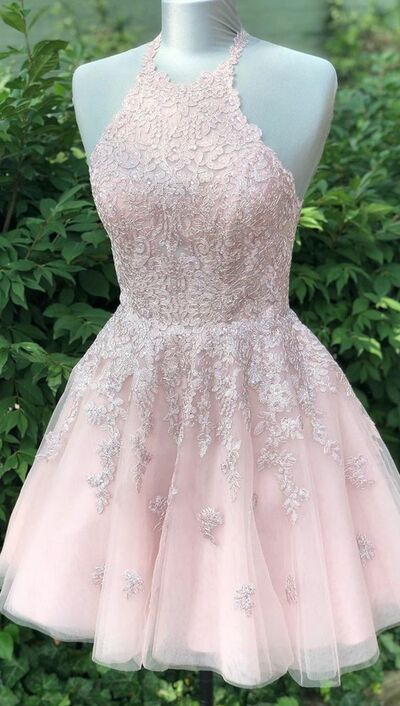 Pink sleeveless tulle lace homecoming dress,applique halter short school event dress,1950