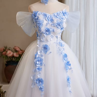 White tulle and blue flowers short a-line party dress homecoming dress - Thumbnail 1